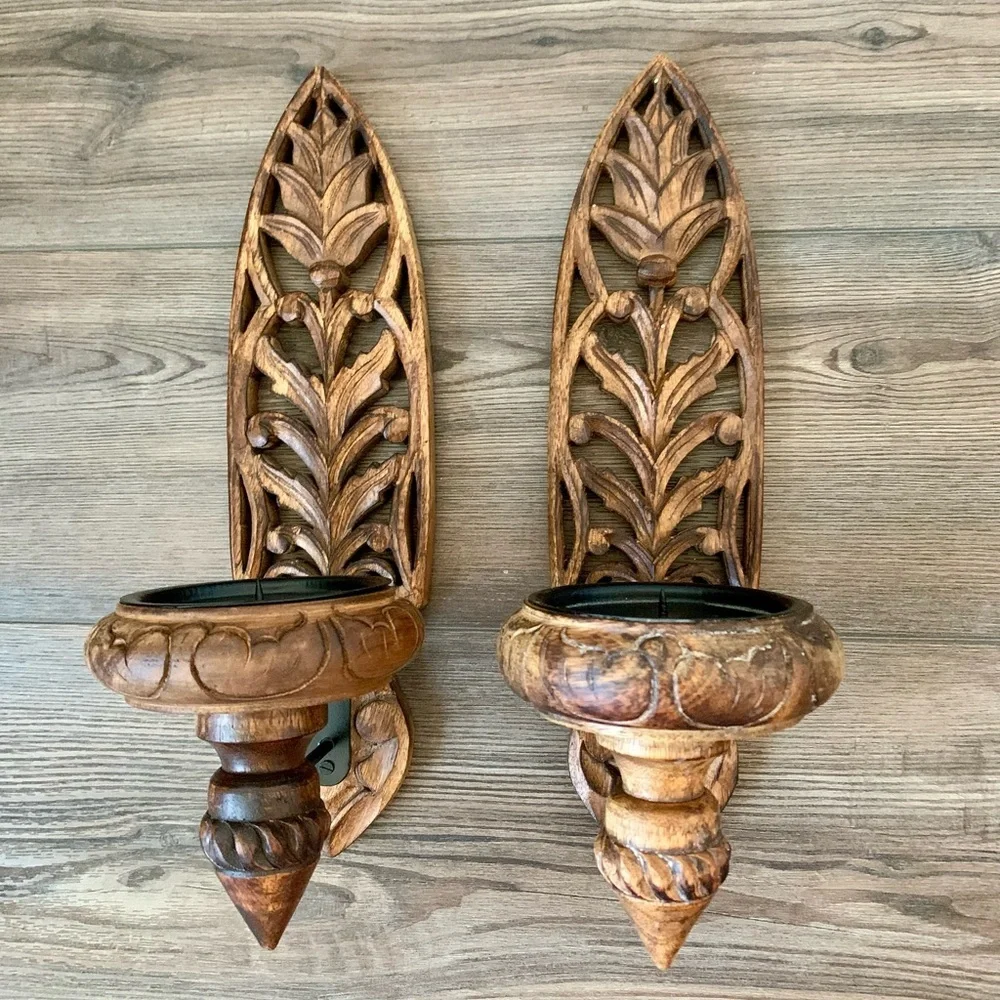 Vintage Pair Of Hand carved Wooden Ornate Wall Candle Holders